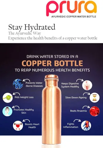 Miniatura 8 de Botella de agua de cobre con estampado puro, a prueba de fugas, recipiente de cobre ayurvédico para deportes, gimnasio, aire libre, yoga, beneficios