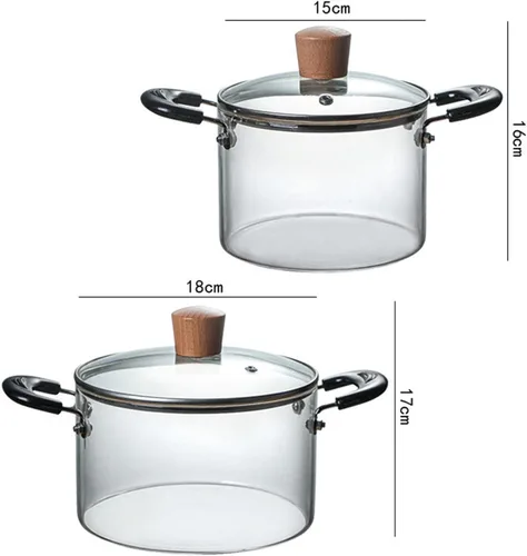 Miniatura 5 de Cacerola de vidrio con tapa, resistente al calor, olla de cocina de vidrio de borosilicato de madera con doble asa, cristalería transparente