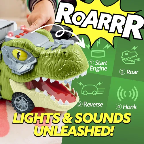 Miniatura 2 de JOYIN Juguetes de dinosaurio 13 en 1 para niños de 3 a 5 años, camión de dinosaurio con 12 autos de tracción, juguetes de regalo de cumpleaños