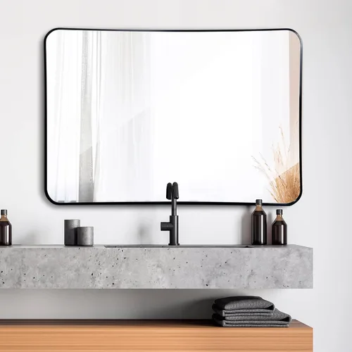 Miniatura 2 de Super Deal Espejo de pared negro de 24 x 36 pulgadas para baño, marco de metal de acero inoxidable con esquina redondeada, espejos rectangulares