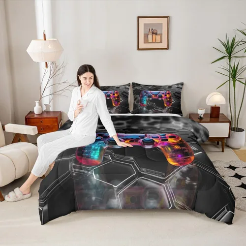 Miniatura 19 de Manfei Juego de edredón moderno de 2 piezas con estampado de consola de videojuegos de panal azul con 1 funda de almohada, juego de ropa de cama
