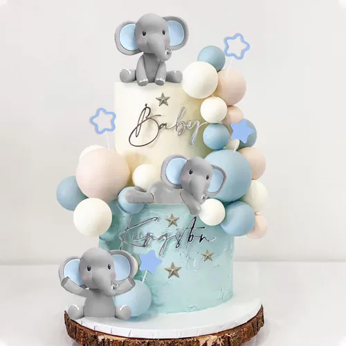 Miniatura 6 de 32 piezas de decoración de pastel de elefante con mini elefante, bolas de perlas azules y blancas para suministros de cumpleaños con temática