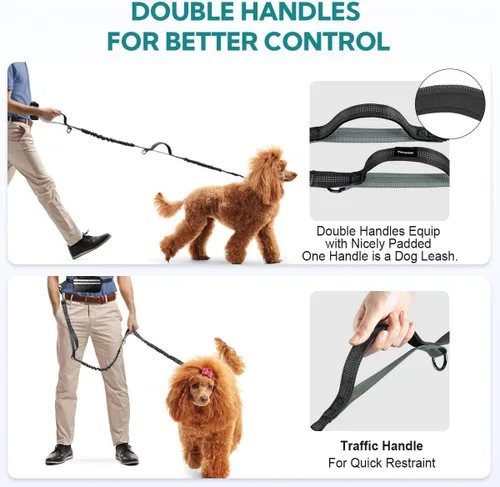 Miniatura 6 de Correa de perro manos libres con bolsa, correa elástica retráctil con dobles asas acolchadas, correas de perro con elástico para cachorros medianos