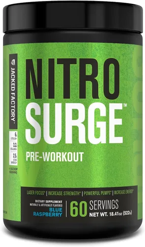 Jacked Factory NITROSURGE Suplemento Pre Entrenamiento - Potenciador de Energía, Ganancias Instantáneas de Fuerza, Enfoque Claro y Bombeos Intensos