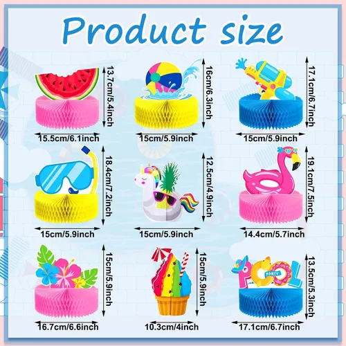 Miniatura 2 de Teling 9 piezas de centros de mesa de panal de abeja de verano para piscina, playa, decoración 3D de doble cara sandía panal de abeja flamenco