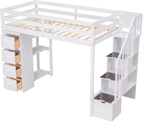 Miniatura 5 de DEINPPA Cama alta de tamaño individual con 4 cajones y estantes de almacenamiento, cama alta de madera con escaleras de almacenamiento, para niños