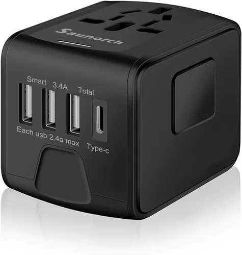 SAUNORCH - Adaptador de corriente universal para viaje internacional con USB de alta velocidad de 2.4 A, cargador de pared tipo C de 3.0 A,