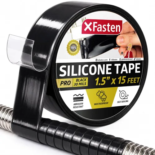 XFasten Cinta autoadhesiva de silicona Pro, negra, 1.5 pulgadas x 15 pies, 30 milímetros de cinta de goma de silicona resistente a la intemperie