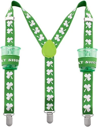 Tirantes para día de San Patricio, tirantes con clips para hombres, varios colores a elegir, talla única Se ajusta a la mayoría, Vaso de chupito de