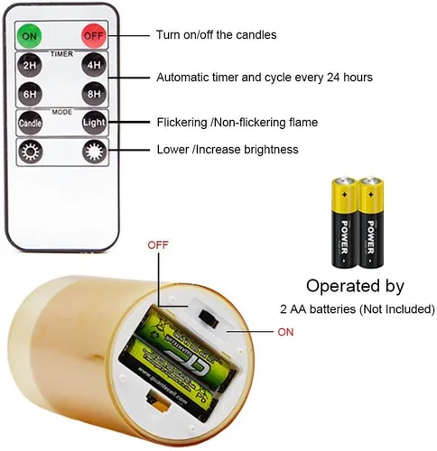 Miniatura 7 de GenSwin - Velas LED sin llama de cristal dorado que funcionan con batería, con control remoto de 10 teclas y temporizador, velas de cera real de luz