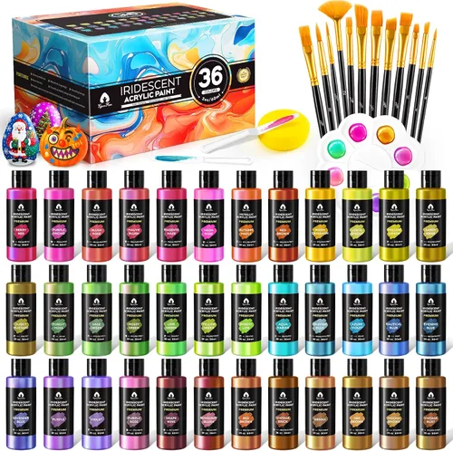 Miniatura 10 de Juego de pintura acrílica iridiscente de 40 piezas con 12 pinceles, 2 cuchillos y paleta, 24 colores (2 onzas/60 ml) - para adultos, artistas