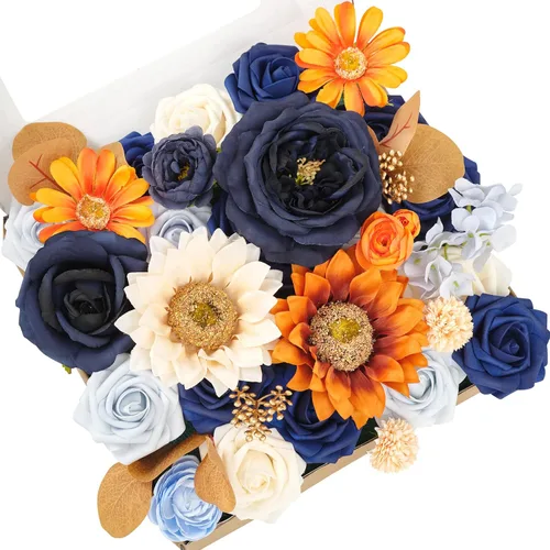 TINGE TIME - Juego de flores artificiales color naranja quemado y azul marino para manualidades, ramos de boda, centros de mesa, arreglos, fiestas,