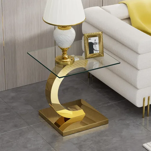 Miniatura 13 de SSLine Mesa auxiliar de cristal de lujo para sala de estar, mesa auxiliar moderna dorada con base de pedestal de acero inoxidable en forma de flor
