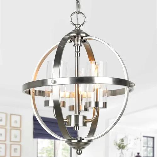 Miniatura 12 de Treekee Candelabro Globo de 20'', Candelabros de Níquel Cepillado, Candelabro Orbe Moderno de 4 Luces, Lujosa Lámpara Colgante con Pantalla
