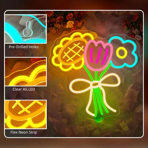 Miniatura 4 de Letrero de Neón de 3 Flores, Luces LED de Neón de Flores, Blanco Frío Cálido Amarillo, Acrílico de Montaje en Pared LED Bohemio Señalización