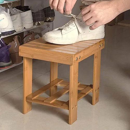 Miniatura 7 de ASelected Taburete de ducha de bambú pequeño de madera de 13 pulgadas, taburete de madera impermeable con estante de almacenamiento para espacios