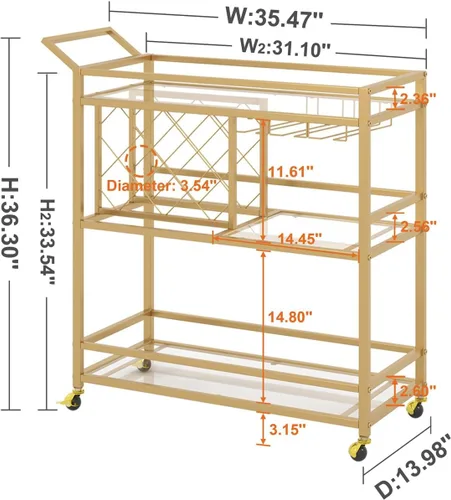 Miniatura 6 de FATORRI Carrito de bar dorado, carrito de servicio de bar con estante para vino y soporte para vasos, carritos de vino con ruedas con estantes