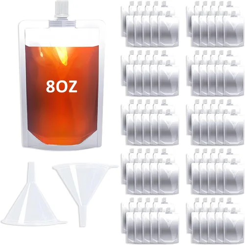 100 bolsas de bebida de 8 onzas, botella de plástico reutilizable con embudo para beber jugo de bebidas líquidas, bolsas de bebidas de pie para 8OZ