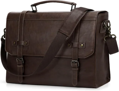 Miniatura 13 de RAINSMORE Bolsa de mensajero para hombre de 17 pulgadas, impermeable, de piel vintage, maletín para laptop, bolsa grande para laptop, bolsa de Marrón