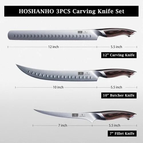 Miniatura 4 de HOSHANHO Juego de cuchillos de trinchar 3 piezas, juego de cuchillos japoneses de acero de alto carbono para rebanar brisket con mango ergonómico