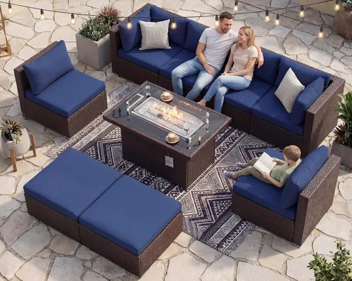 Miniatura 13 de NICESOUL Juego de muebles de patio para exteriores de 7 piezas con mesa para hoguera, gas natural y propano convertible, respaldo alto de 29.3