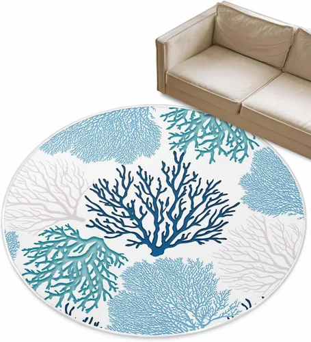 Miniatura 3 de Alfombra redonda azul océano coral de 3 pies, lavable para interiores, dormitorio, cocina, baño, sala de estar, comedor, lavandería, oficina, área +