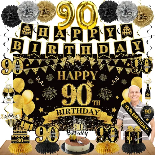 Miniatura 12 de Eucutur Kit de Decoración de 42 Piezas para Cumpleaños 50, para Hombres y Mujeres, Banner de Cumpleaños 50 Feliz en Oro Negro, Globos, Centro