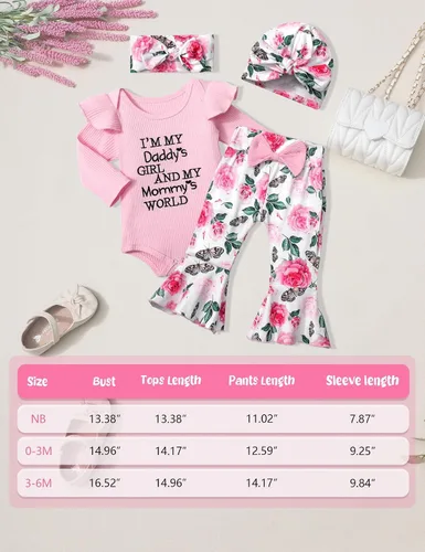 Miniatura 6 de Ropa de bebé niña, 4 piezas, trajes de niña recién nacida, con volantes, mameluco de campana para bebé, diadema, bandana, conjuntos de ropa, regalos