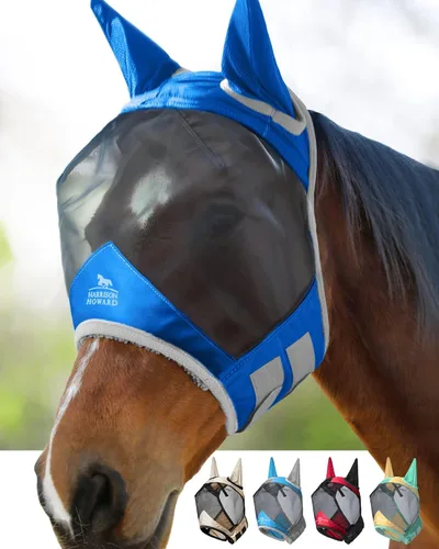 Miniatura 13 de Harrison Howard Máscara de mosca de caballo luminosa profesional estándar con orejas, protección UV, para caballos, azul y plateado, mazorca mediana