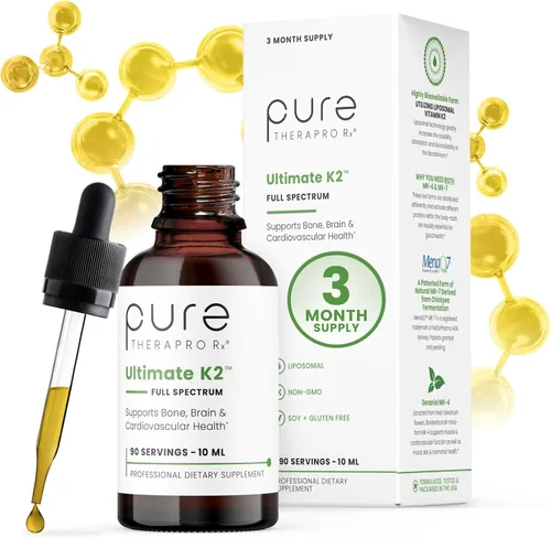Pure Therapro Rx Ultimate K2 Suplemento | Gotas líquidas de vitamina K2 liposomal | 90 porciones | 600 mcg vegano K2 como MK4 y MenaQ7 MK7 | Apoya