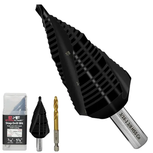 Miniatura 7 de S&F STEAD & FAST Broca escalonada de cobalto para metal, tres flautas en espiral, 1/4"-3/4", 1 unidad, Unibit resistente, vástago hexagonal de 1/4