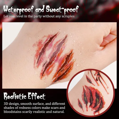 Miniatura 3 de NiHome 40 hojas de Halloween terror extraíble realista falso tatuaje temporal, traje de zombi Cosplay herida de sangre sangrado cicatriz variedad