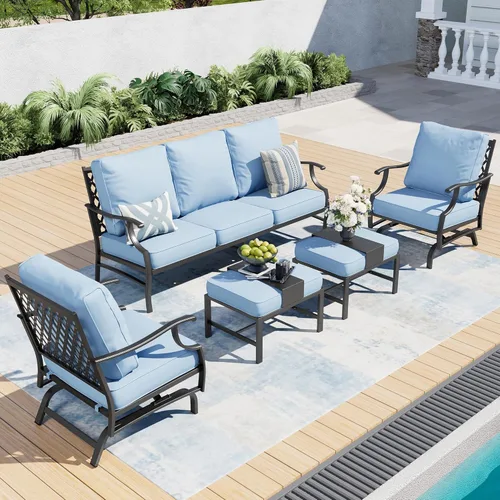 Miniatura 23 de SUNSHINE VALLEY Juego de muebles de patio, 4 piezas de muebles modernos de metal para exteriores, sofá de 3 plazas, 2 sillas mecedoras, mesa