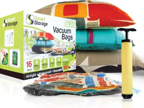 Miniatura 3 de Paquete de 16 bolsas de almacenamiento al vacío que ahorran espacio con bomba de mano, 4 jumbo, 4, grandes, 4, medianas, 4 pequeñas bolsas