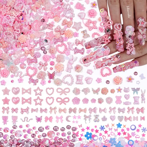 Lindos dijes para uñas 3D, 100 piezas de conejo mariposa flor lazo, dijes de arte para uñas mixtos de diamantes de imitación de uñas con parte Rosa