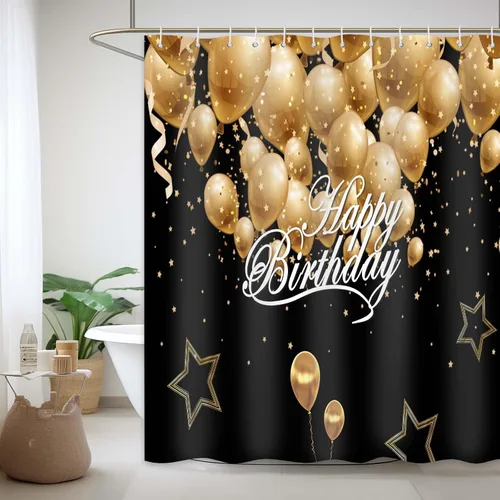 Miniatura 2 de Cortina de ducha de feliz cumpleaños, negro y dorado, 70 x 72 pulgadas Tela de tela de poliéster impermeable, incluye ganchos