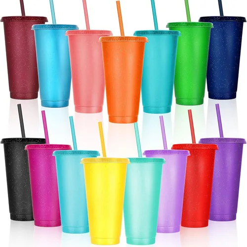 Miniatura 35 de Honeydak Paquete de 60 vasos con popote y tapa, vasos a granel para regalos, tazas de café de plástico con purpurina de 24 a 27 onzas, botella