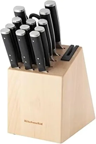 Juego de bloque de cuchillos KitchenAid Gourmet con triple remache forjado con afilador de cuchillos integrado, cuchillos de cocina de acero