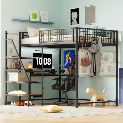 Miniatura 19 de KEIKI Litera Full sobre Twin con Estación de Carga, Cama Alta de Metal con Escritorio & Protector de Seguridad & Escaleras, Marco de Cama de Metal