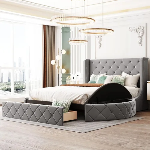 Miniatura 9 de Bellemave Cama de plataforma tapizada de terciopelo con almacenamiento, marco de cama tamaño Queen con cabecero, 1 cajón grande y 2 taburetes