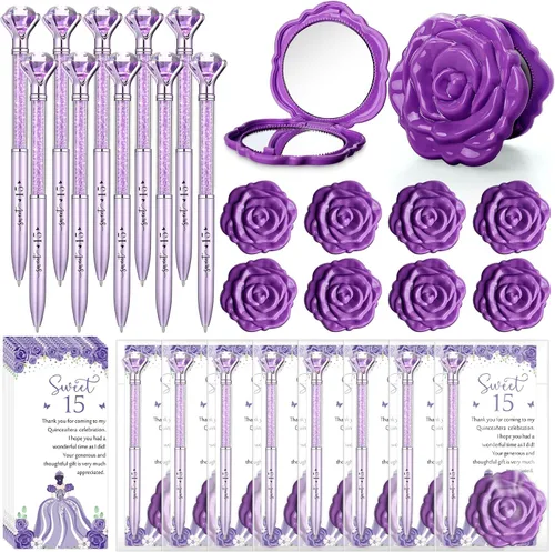 Miniatura 9 de Fuyoooo 25 juegos de bolígrafos de diamantes de quinceañera, recuerdos de fiesta de quinceañera, bolígrafos brillantes con diseño de rosas, espejos