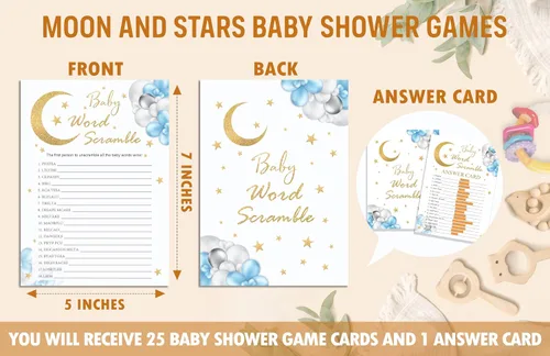 Miniatura 2 de Tarjetas de juego Baby Word Scramble, juegos de baby shower de luna y estrellas, 25 cartas y 1 clave de respuesta