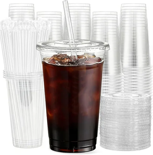 Paquete de 100 vasos de plástico transparente de 20 onzas con tapas y pajitas, tazas desechables para café helado con tapas, batido de leche y