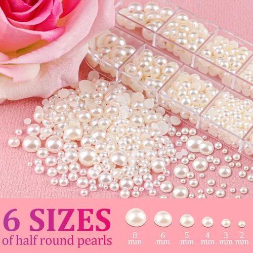 Miniatura 3 de Kit de 2700 perlas con parte trasera plana, 1 caja de color blanco con parte trasera plana + 1 caja de perlas pequeñas de color beige medio redondo