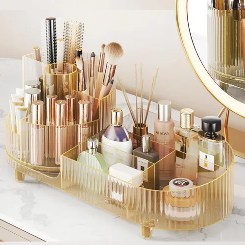 Miniatura 10 de COMFYROOM Organizador de maquillaje para tocador con soporte para brochas, organizador de maquillaje cosmético de 3 capas, organizador de maquillaje