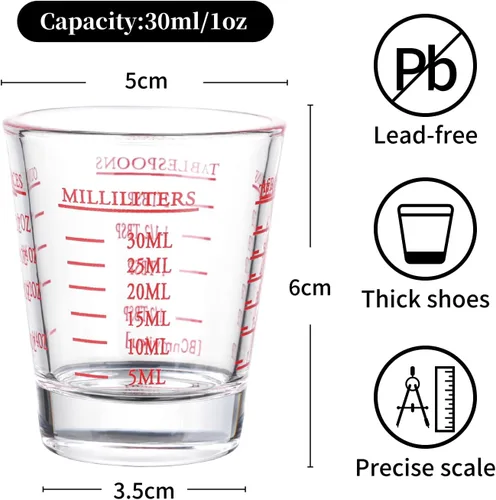 Miniatura 4 de BCnmviku -Vasos corto, taza medidora, taza de espresso, Líquido, vidrio pesado, vaso de vino 2 juegos de 26, para medición gradual 1 onza, 6 Rojo