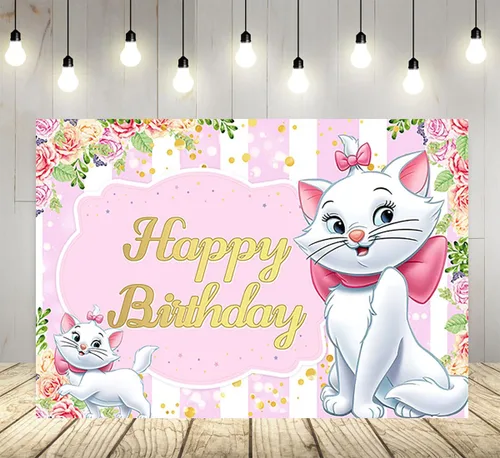 Telón de fondo de gato rosa para suministros de fiesta de cumpleaños, fondos de fotos de Marie con temática de gato Marie, cartel de baby shower, 59