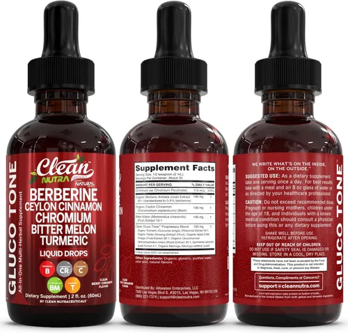Miniatura 9 de Clean Nutra Berberine con suplemento de canela de Ceilán gotas líquidas + extracto de melón amargo, glucomanano, gimnasia, cromo, cúrcuma, panax