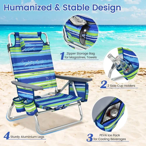 Miniatura 5 de Tangkula Juego de 2 Sillas de Playa con Mochila, Sillas de Playa Reclinables de 5 Posiciones que se Recuestan Completamente con Bolsa Refrigeradora