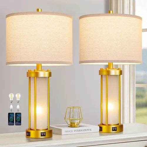 Miniatura 15 de Lámparas de mesa modernas para sala de estar, lámparas industriales de mesita con 2 puertos USB, lámpara rústica de mesita con luz nocturna